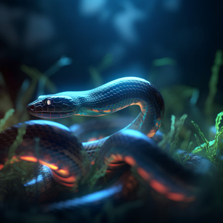 3d rendering of a blue snake in the grass with dark backgroundの素材