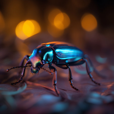 Close up of a blue beetle on a leaf with bokeh backgroundの素材
