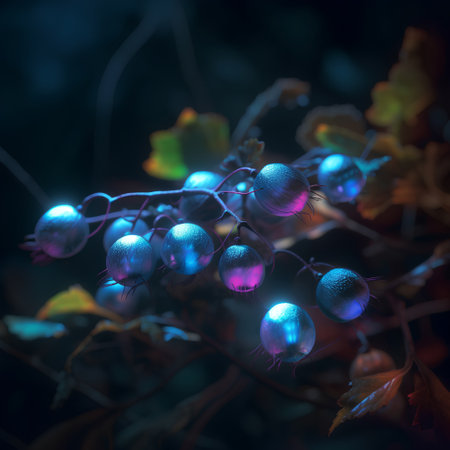 Fluorescent blue berries on a dark background. 3d renderingの素材