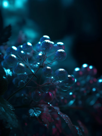 Frozen berries with water drops on a dark background. Shallow depth of fieldの素材