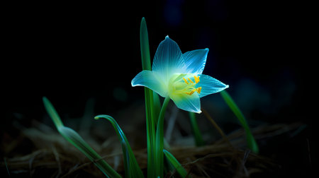 Beautiful white crocus flower with blue petals on dark backgroundの素材