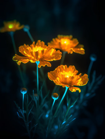 Beautiful orange cosmos flowers on a dark background. Soft focus.の素材