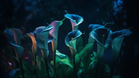 Beautiful calla lily flowers in the dark. Selective focusの素材