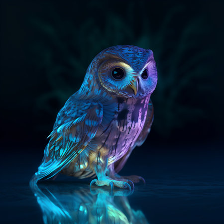 Beautiful owl on a dark background. 3d render illustration.の素材