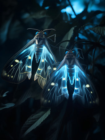 A pair of blue night butterflies on a dark background with lights.の素材