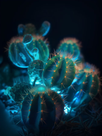 Cactus in blue neon light. 3d rendering, 3d illustration.の素材
