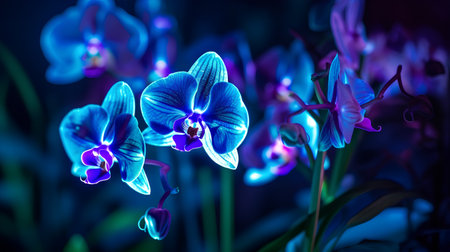 Beautiful blue orchid flowers on a dark background close-upの素材
