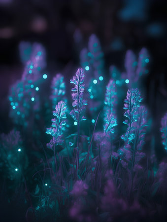 Fantasy flowers in the grass with bokeh lights. 3d illustrationの素材