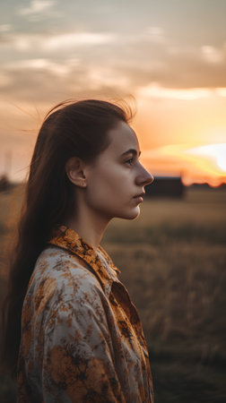 Portrait of a beautiful young woman in a wheat field at sunsetの素材