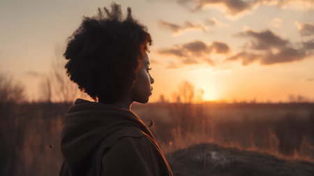 African american woman with afro hairstyle at sunset in countryside.の素材