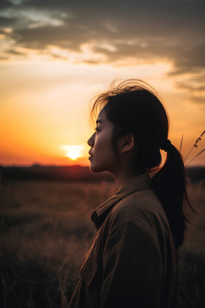 Portrait of a beautiful young asian woman in wheat field at sunsetの素材