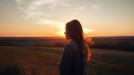 Beautiful young woman in the field at sunset. The girl looks into the distance.の素材