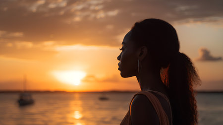 Silhouette of a beautiful young woman on the beach at sunsetの素材