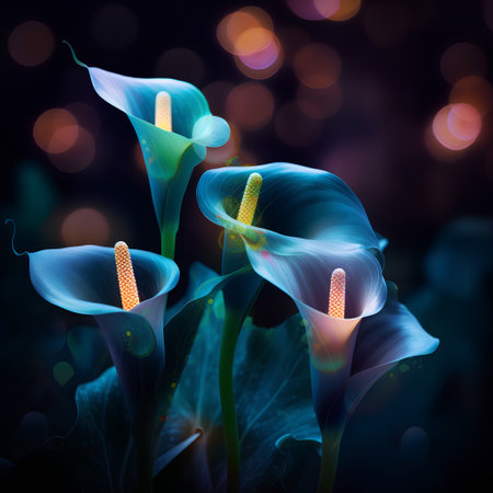 Beautiful blue calla lilies on dark background with bokeh effectの素材