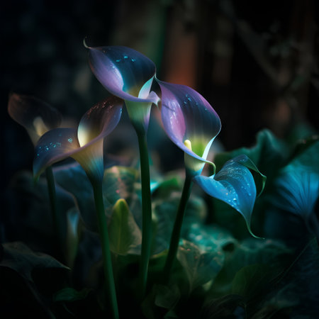 Beautiful calla lily flowers in the garden at night.の素材