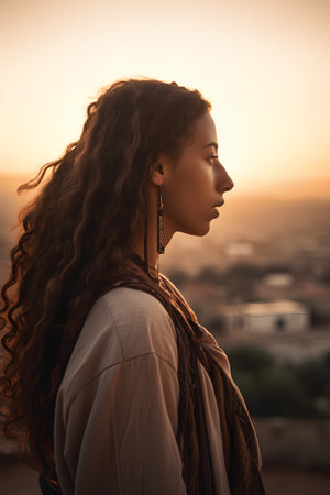 Portrait of a beautiful african american woman with curly hair at sunsetの素材