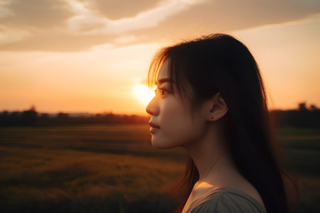 Beautiful asian woman with long hair and sunset sky background.の素材