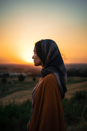 Portrait of a beautiful young muslim woman with hijab on the background of sunsetの素材