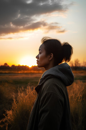 Portrait of a beautiful asian woman looking away on the sunset.の素材