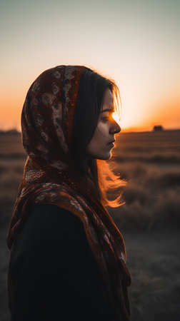 Portrait of a young woman with a shawl at sunsetの素材