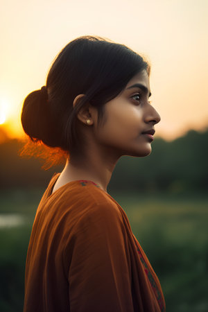 Portrait of a beautiful asian woman in a park at sunsetの素材