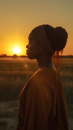 Young african woman in traditional clothes on wheat field at sunset.の素材