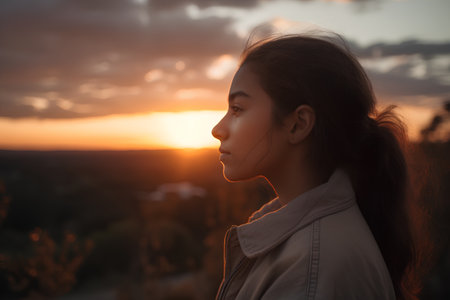 Portrait of a beautiful asian girl on the sunset background.の素材