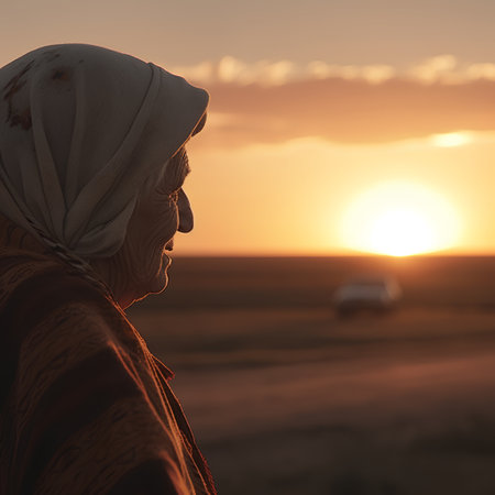 Rear view of an elderly woman in a headscarf on the background of the setting sunの素材