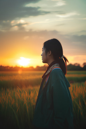 Back view of asian woman with backpack standing in rice field at sunsetの素材