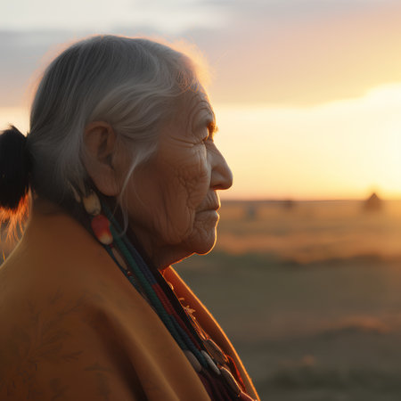 Portrait of an elderly woman on the background of the setting sun.の素材