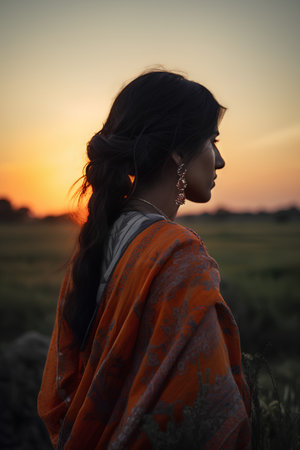 Beautiful indian woman in saree at sunset. Boho style.の素材