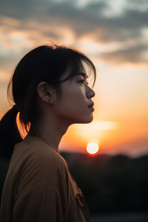 Portrait of a young asian woman with sunset in the backgroundの素材