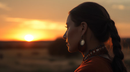 Portrait of a beautiful young woman with long braid on sunset backgroundの素材