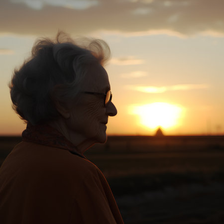 Portrait of an elderly woman with glasses on a background of a beautiful sunset.の素材