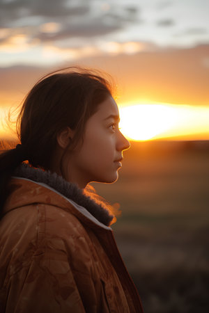 Portrait of a beautiful girl in a yellow jacket at sunset.の素材