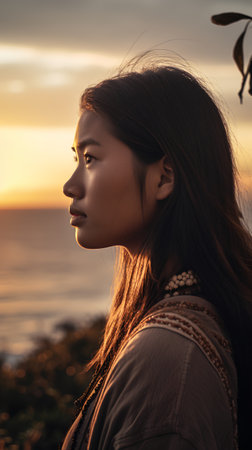 Portrait of a beautiful young asian woman with long brown hair on the beach at sunset.の素材