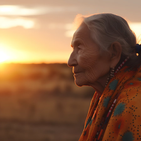 Portrait of an elderly woman on the background of the sunset.の素材