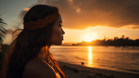 Young asian woman in a hat on the beach at sunset.の素材