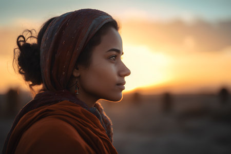 Close-up portrait of a beautiful young woman in a headscarf and scarf on a sunset background.の素材