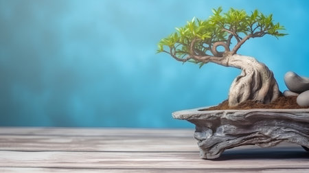 bonsai tree in a pot on a wooden table with blue backgroundの素材