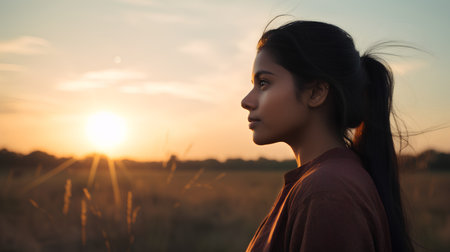 Portrait of a beautiful young asian woman in the field at sunsetの素材