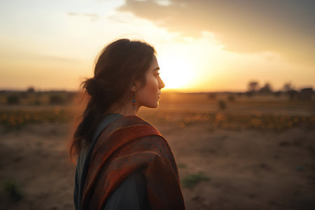 A young woman in a shawl is standing in a field at sunsetの素材