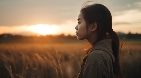 Beautiful asian woman in wheat field at sunset or sunrise.の素材