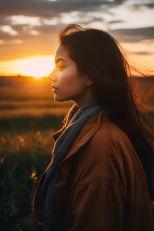 Beautiful young woman in a brown coat on the field at sunset.の素材