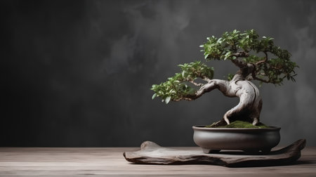 Bonsai tree in pot on wooden table with dark wall backgroundの素材