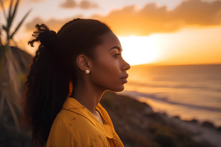 Side view portrait of young african american woman looking away while standing on beach at sunsetの素材