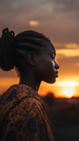Beautiful african american woman with dreadlocks looking away at sunsetの素材