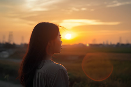 Silhouette of a beautiful asian woman with sunset background.の素材
