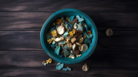 Dry flowers in blue bowl on wooden background. Top view.の素材