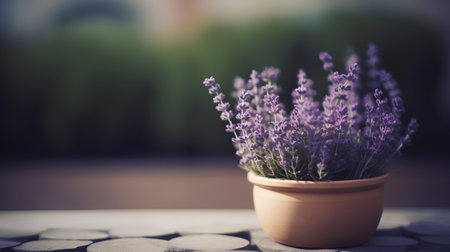 Lavender flowers in a pot on a wooden table. Selective focus.の素材